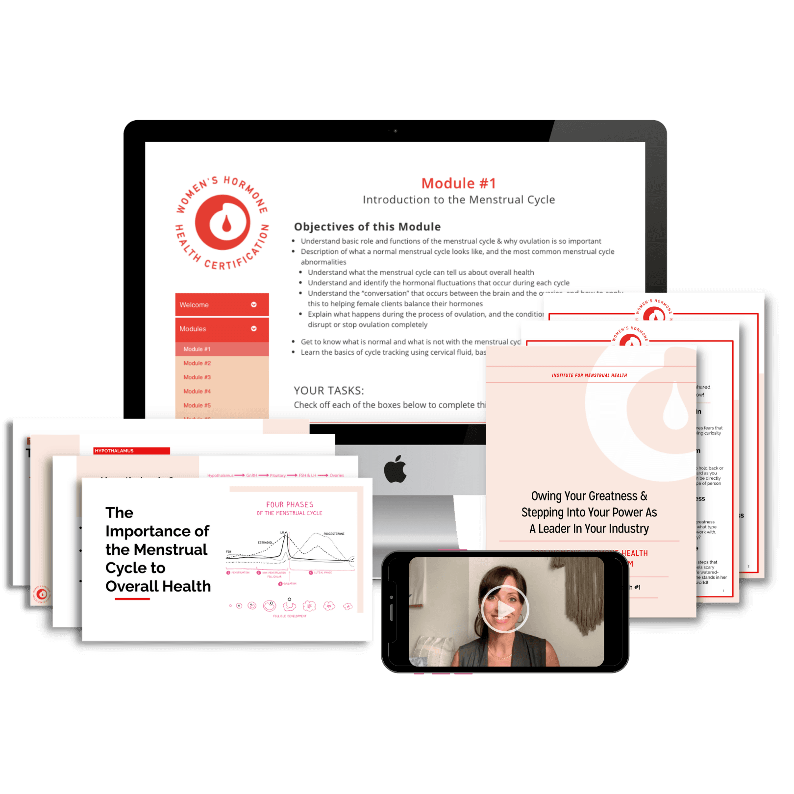 Preview of the Women's Hormone Health Practitioner Certification Program curriculum: module slides, certification badge, and handouts
